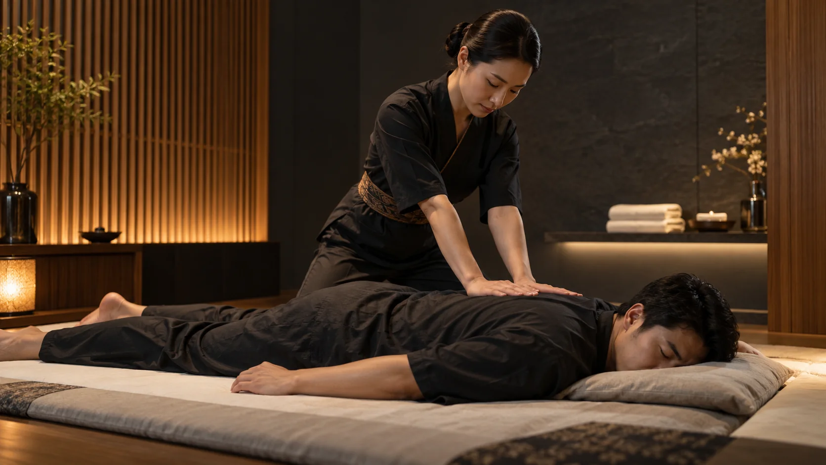 Terapis menerapkan tekanan telapak dalam sesi pijat shiatsu