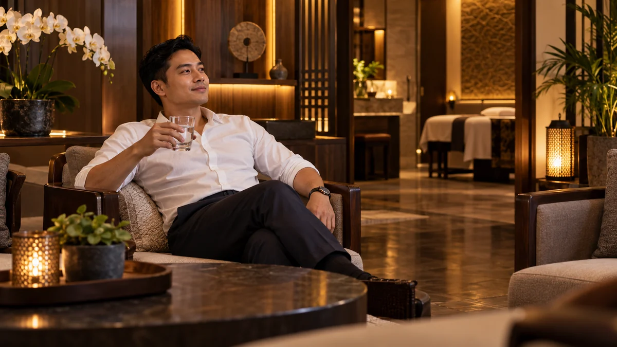 Pria beristirahat di lounge setelah kerja di Jakarta Barat